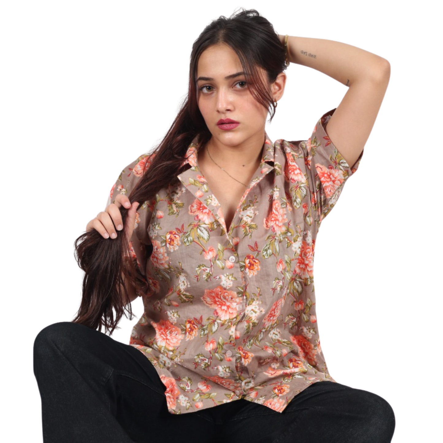 Beige & Light Pink Floral Print Shirt