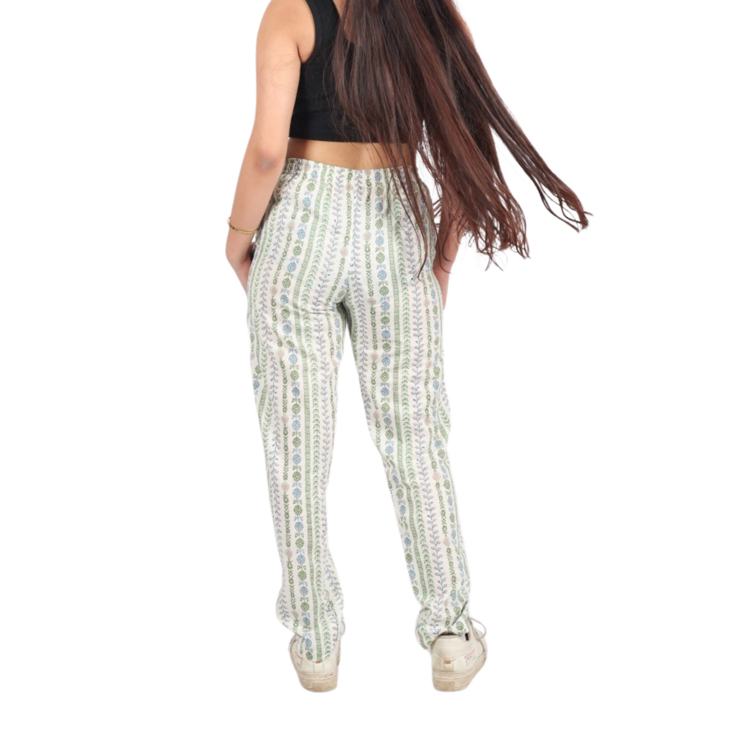 Green Four-Line Print Pants