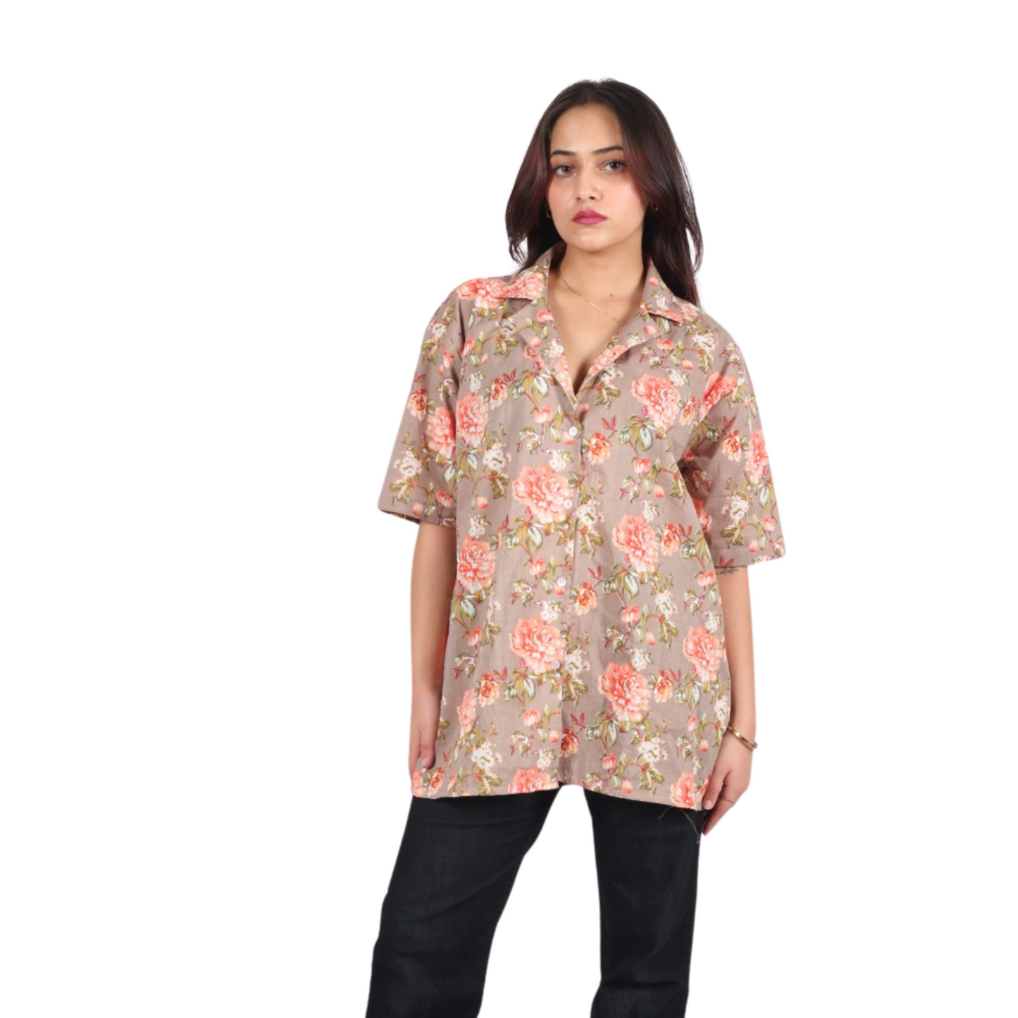 Beige & Light Pink Floral Print Shirt
