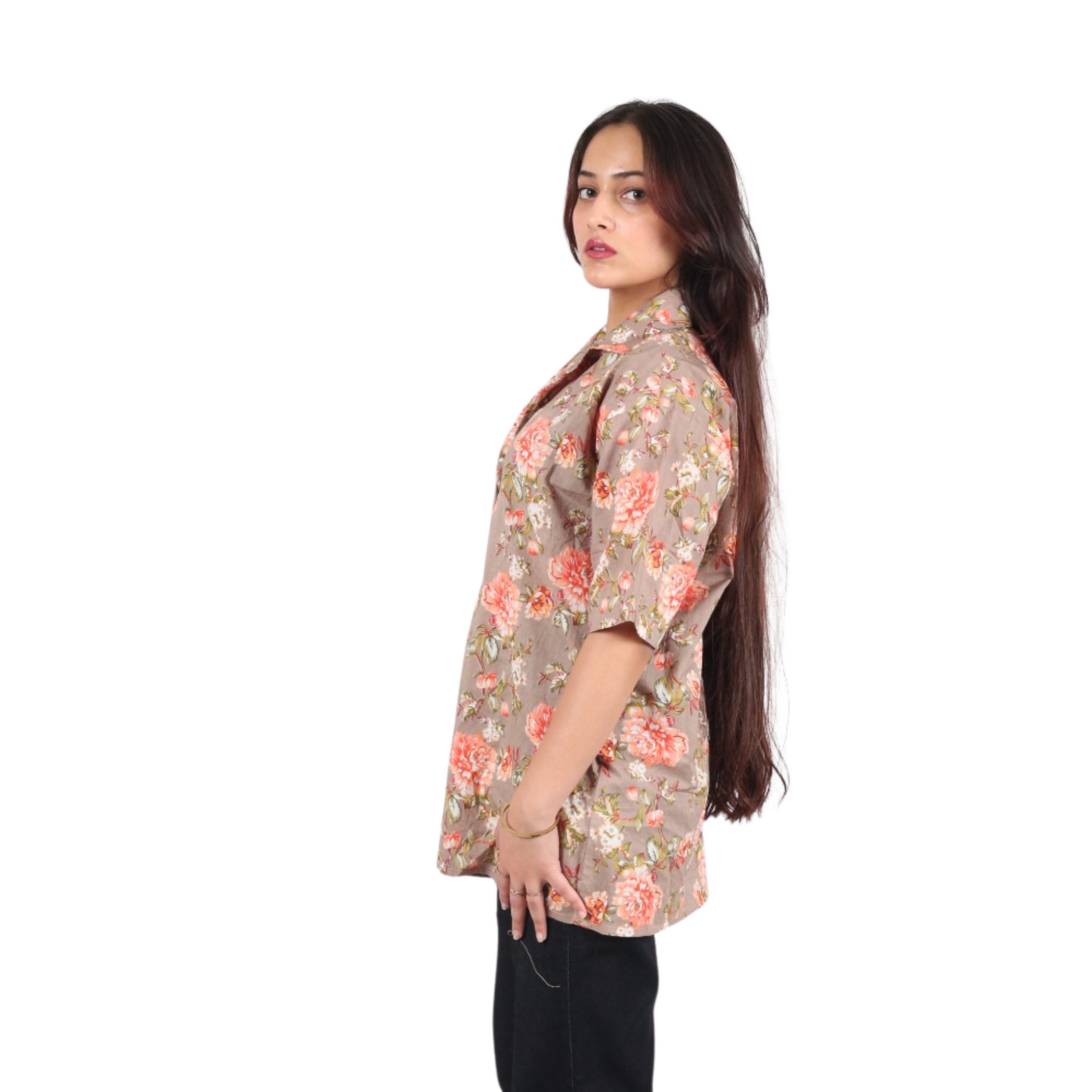Beige & Light Pink Floral Print Shirt