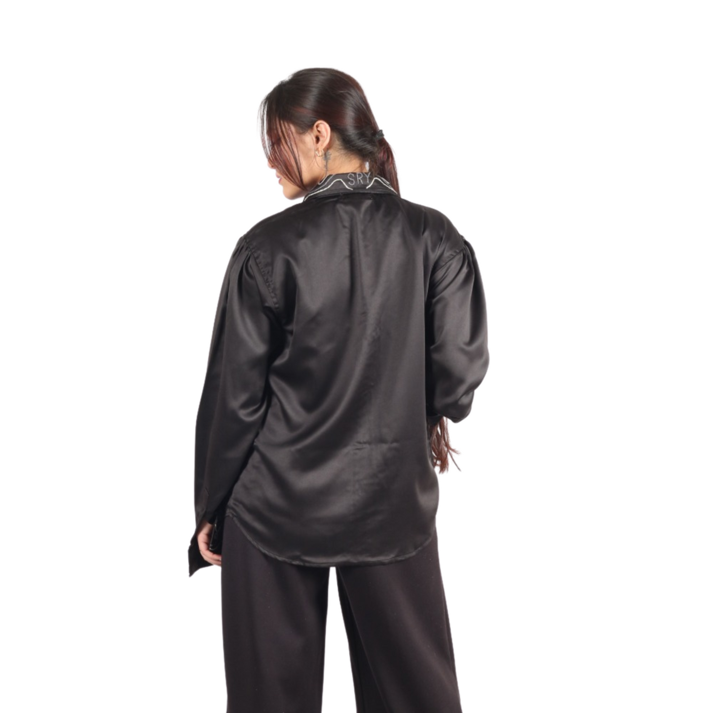 Midnight Elegance Embroidered Black Women's Shirt