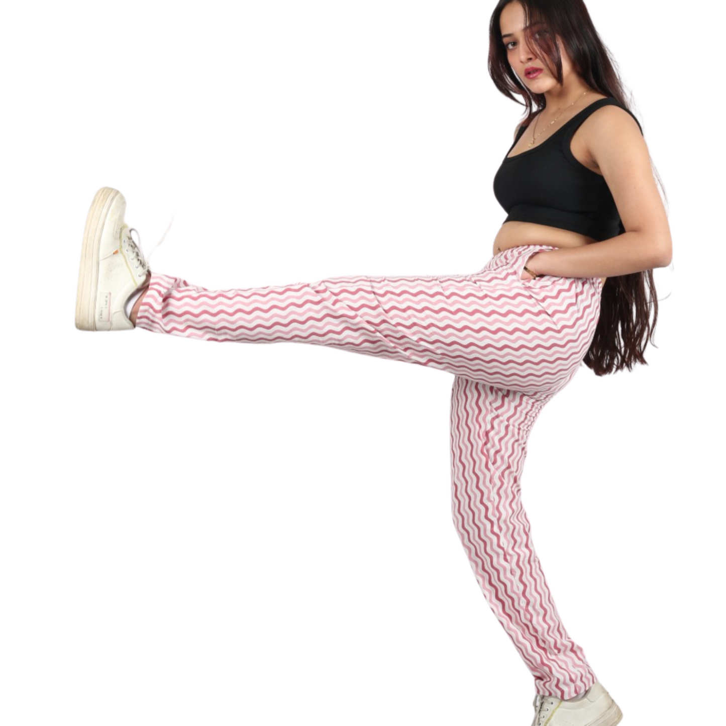 Brown & White Zig-Zag Print Pants