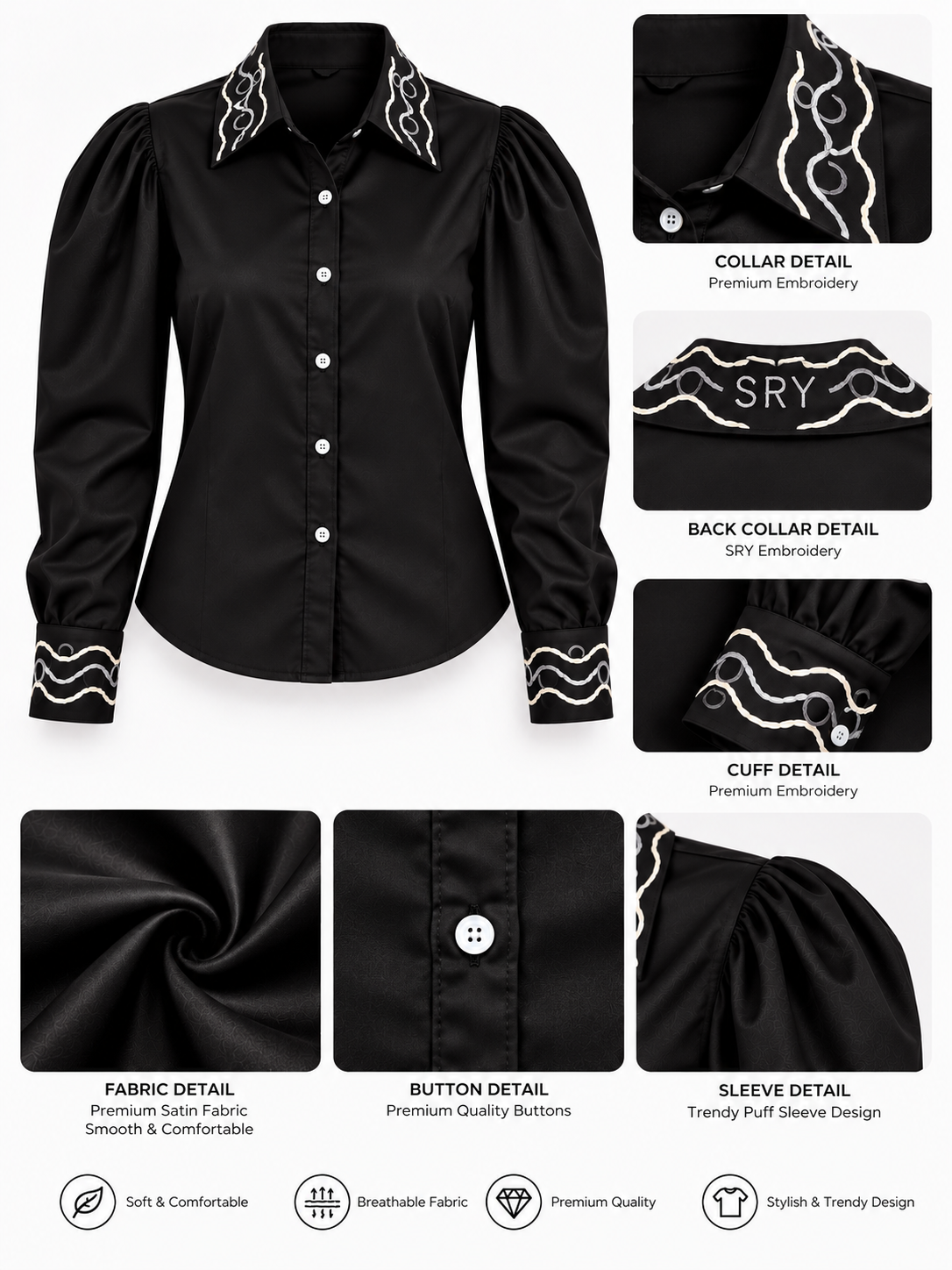 Signature Wave Black Satin Hand Embroidered Puff Sleeve Women's Shirt