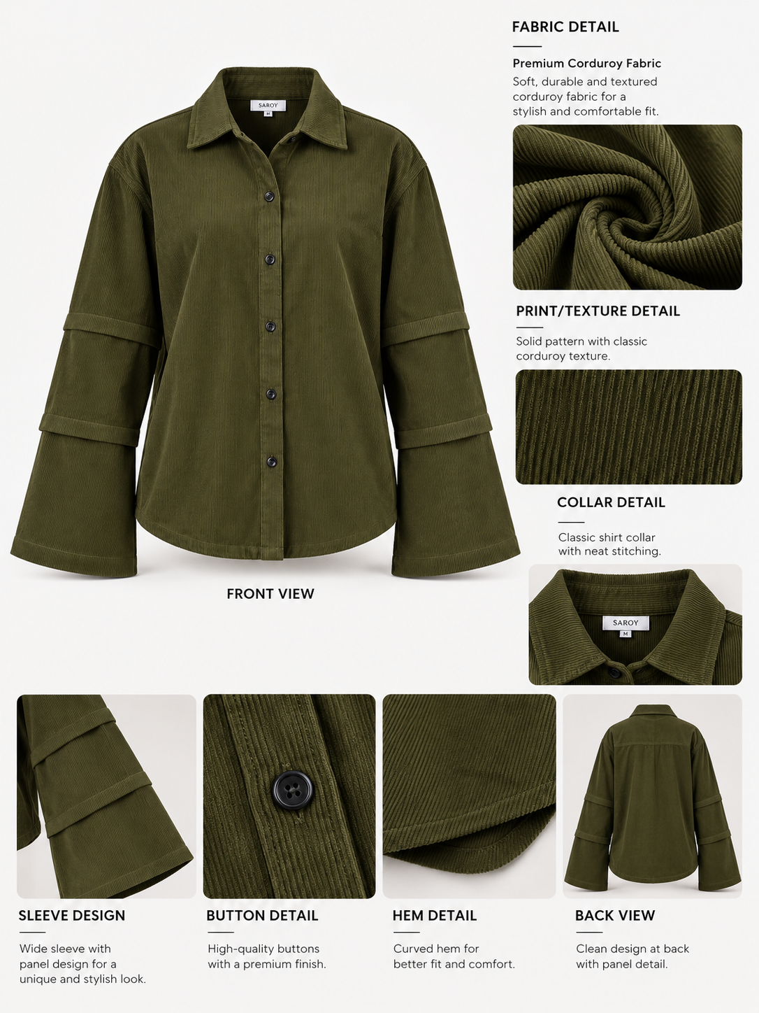 Olive Edge Corduroy Wide Sleeve Women's Shirt