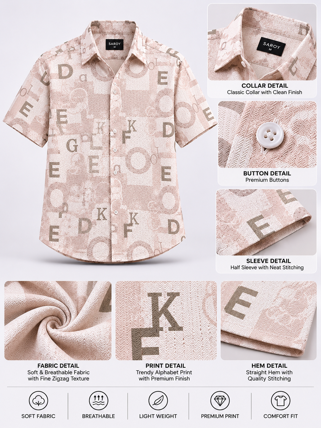Urban Alphabet Cream Beige Printed Half Sleeve Men's Shirt