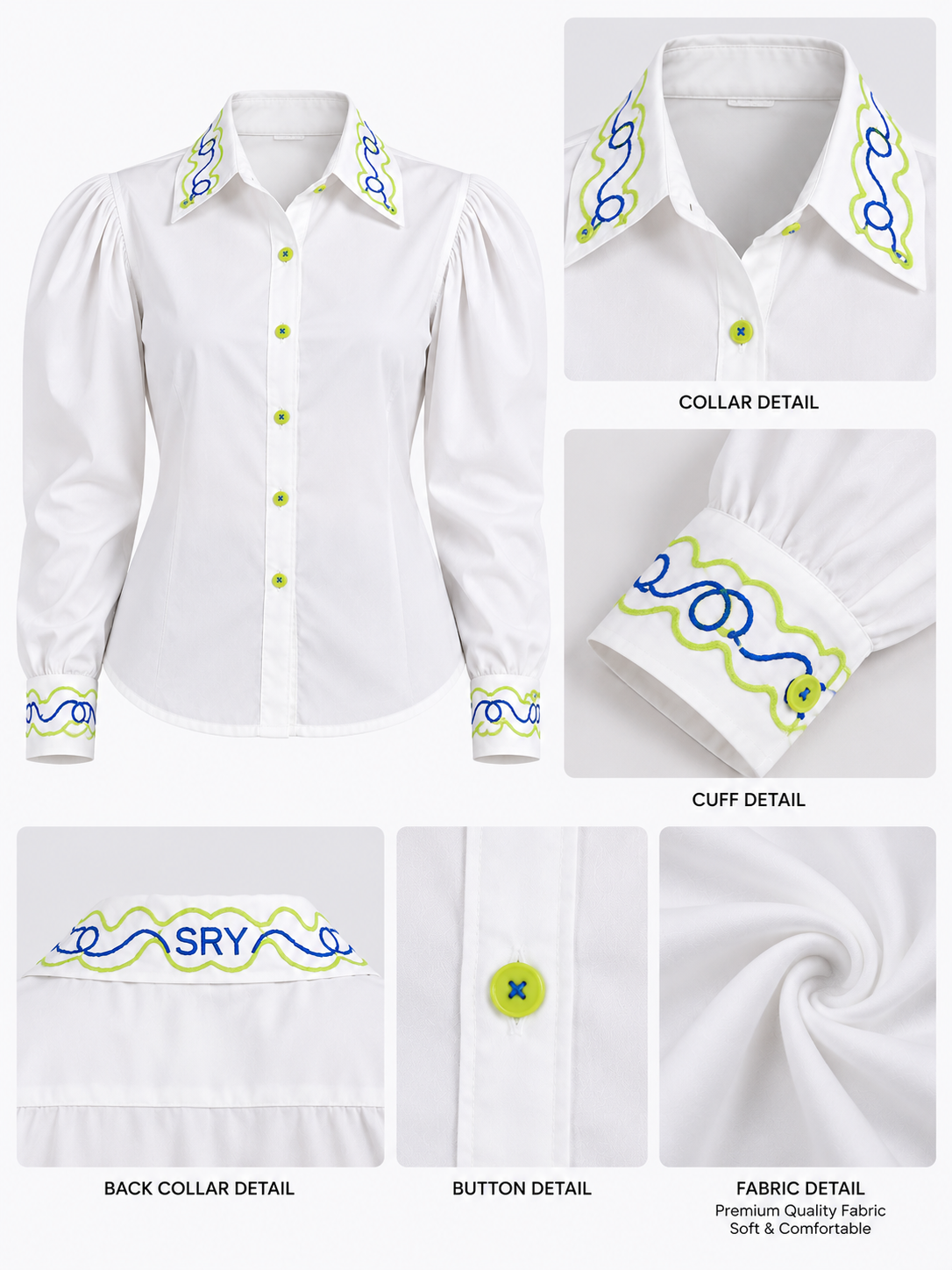 Signature Wave White Hand Embroidered Puff Sleeve Women's Shirt