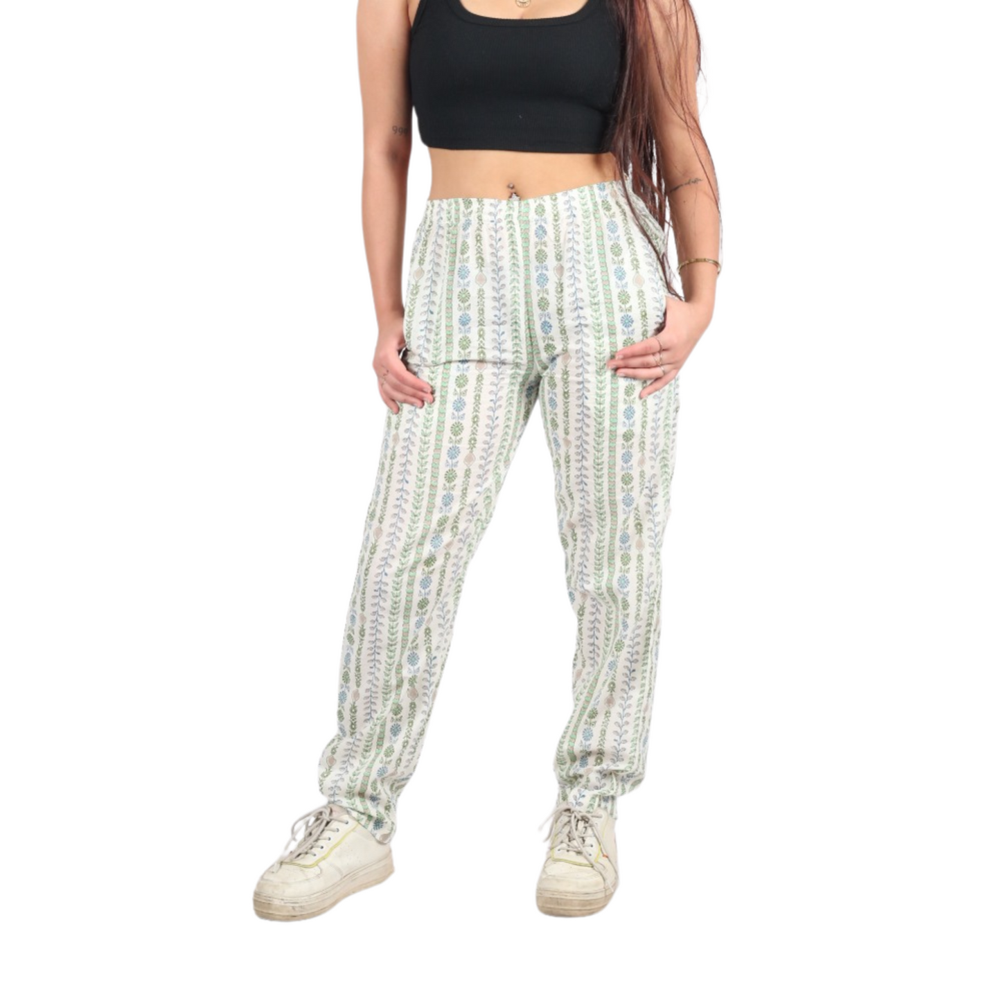 Green Four-Line Print Pants
