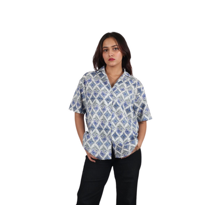 White & Blue Floral Square Print Shirt