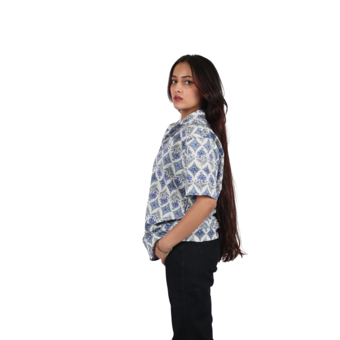 White & Blue Floral Square Print Shirt
