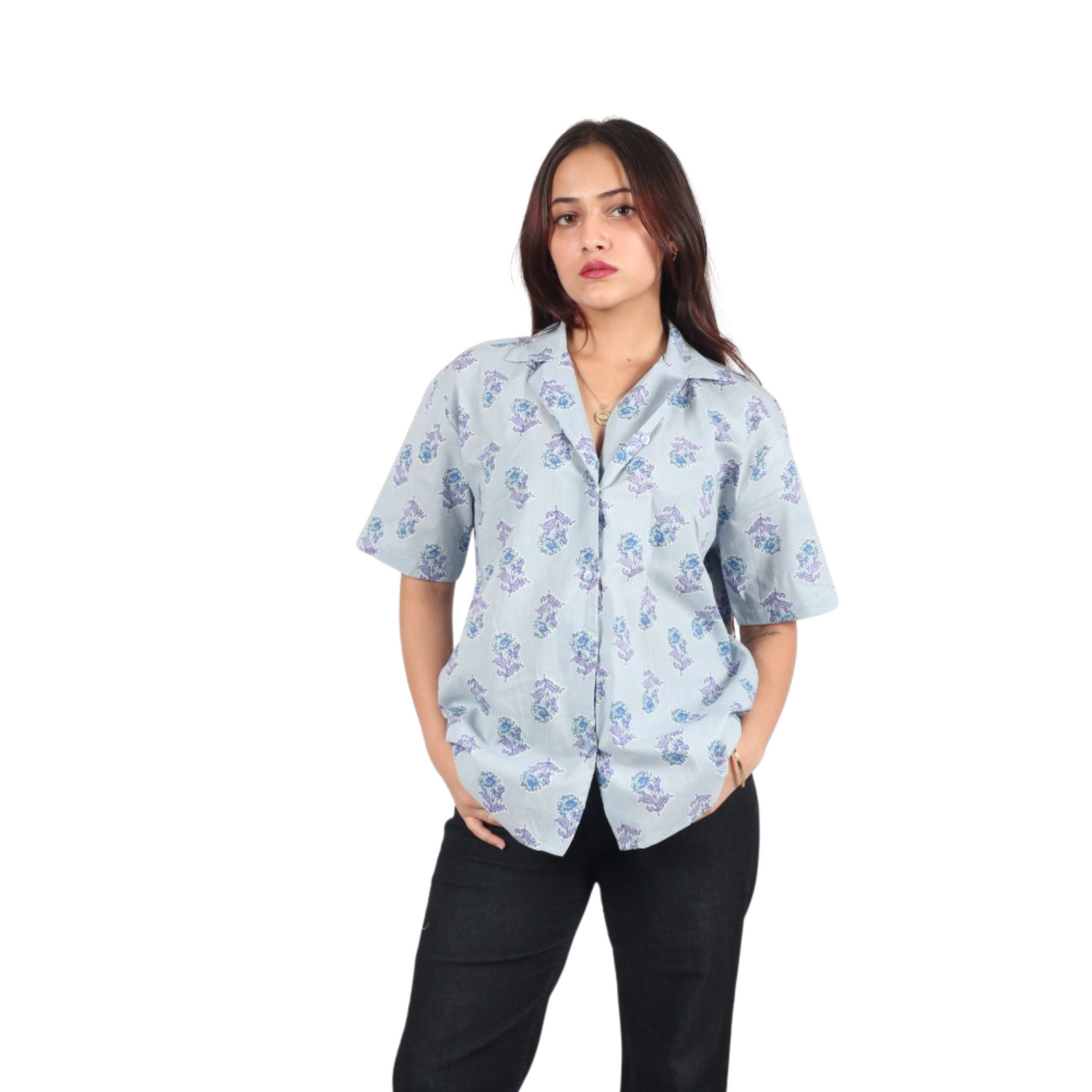 Light Blue & Blue Floral Print Shirt
