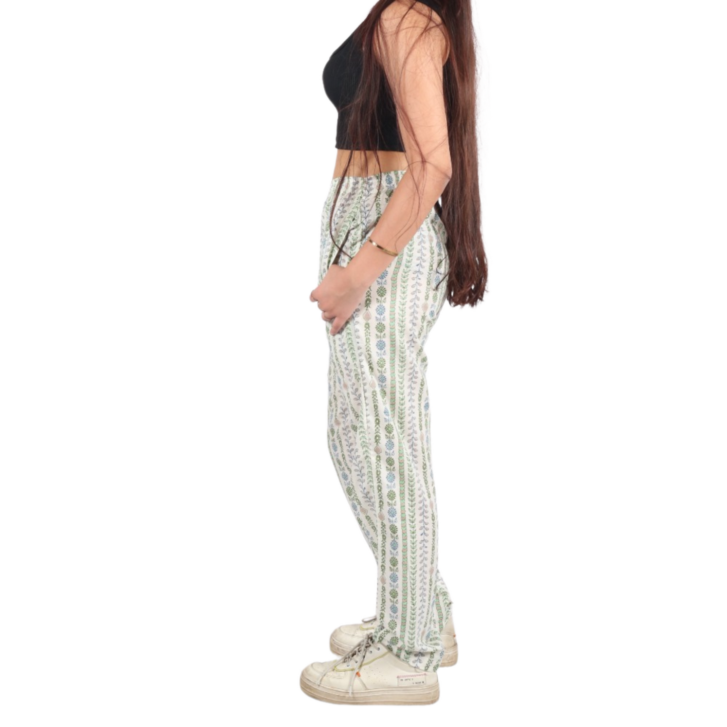Green Four-Line Print Pants