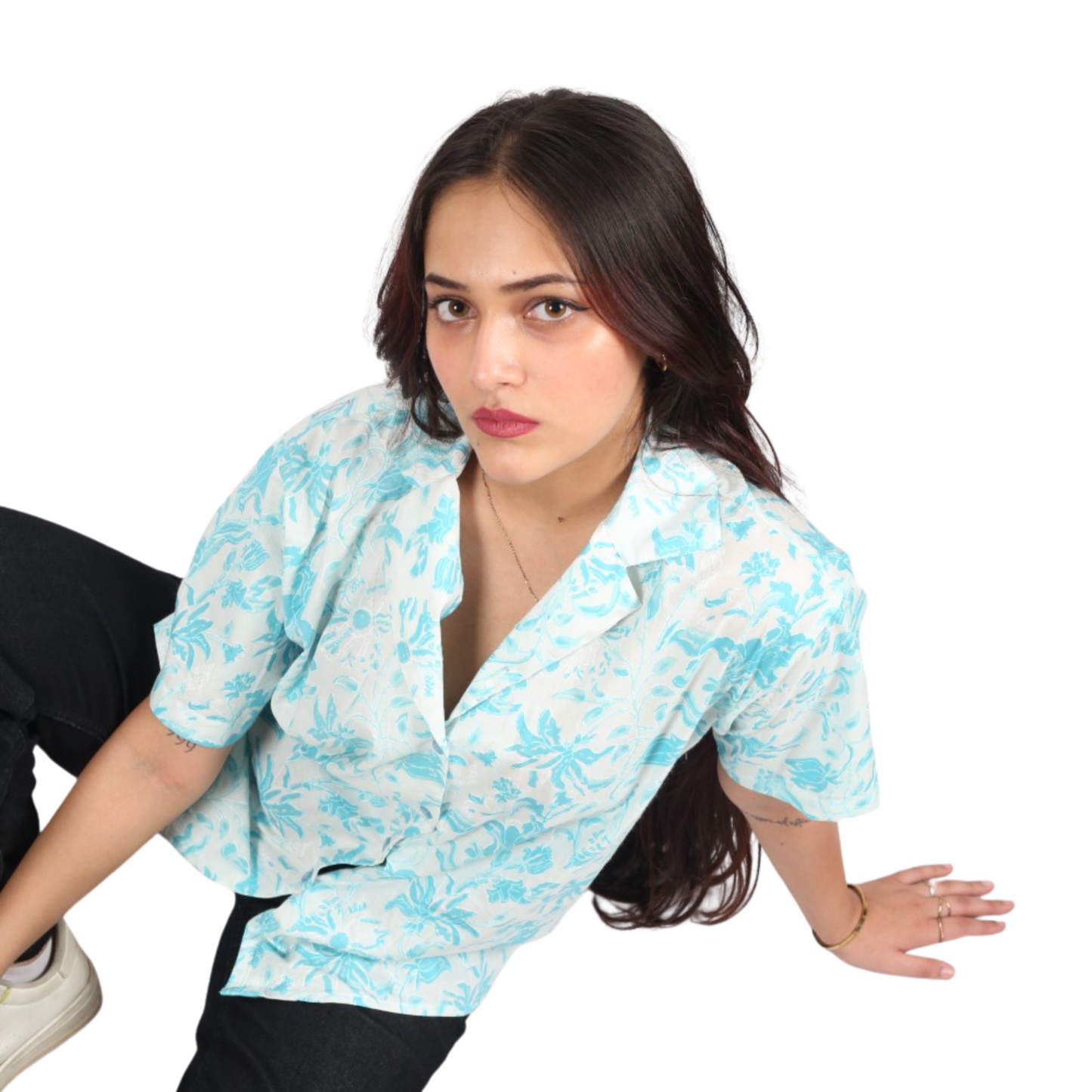White & Sky Blue Floral Print Shirt
