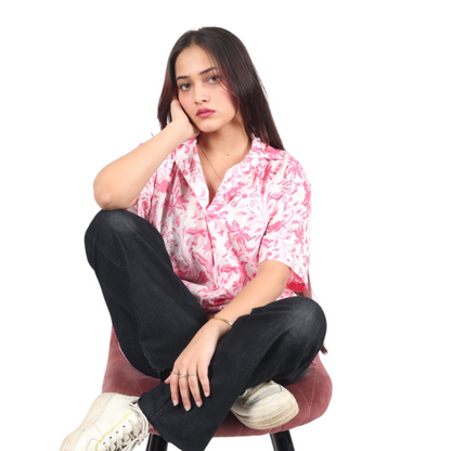 White & Pink Floral Print Shirt