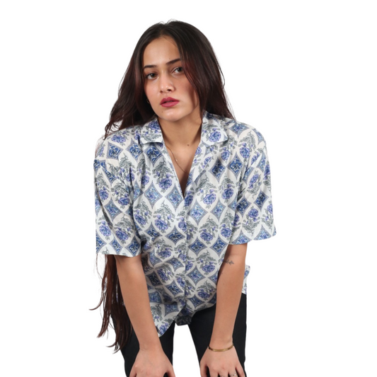 White & Blue Floral Square Print Shirt