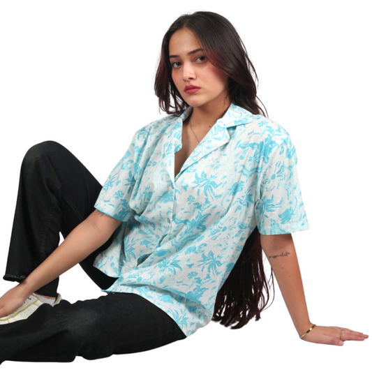 White & Sky Blue Floral Print Shirt