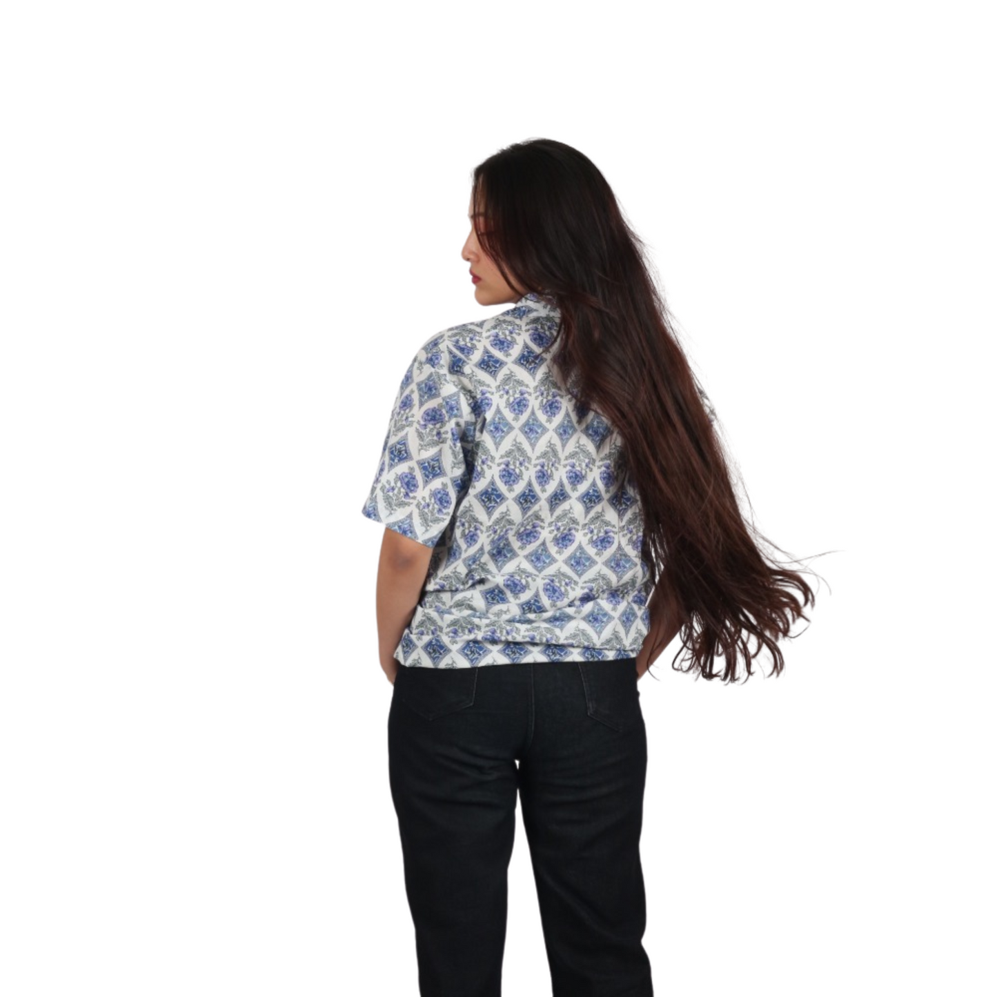 White & Blue Floral Square Print Shirt