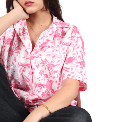 White & Pink Floral Print Shirt