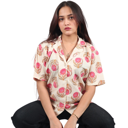 Cream & Pink Floral Print Shirt