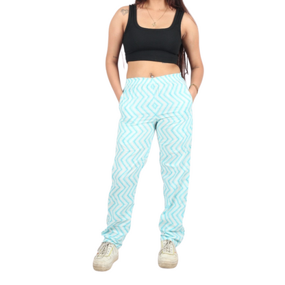 Blue & White Zig-Zag Print Pants
