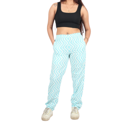 Blue & White Zig-Zag Print Pants