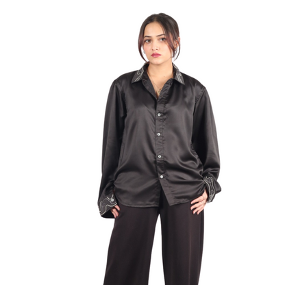 Midnight Elegance Embroidered Black Women's Shirt