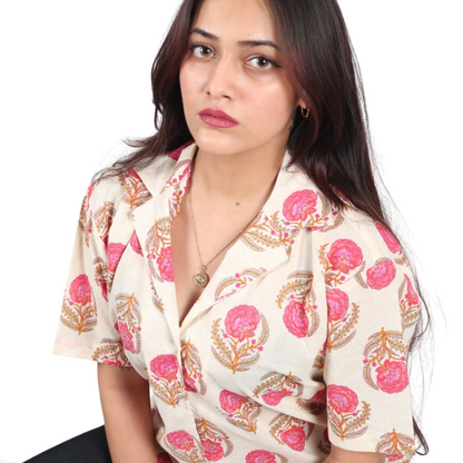 Cream & Pink Floral Print Shirt