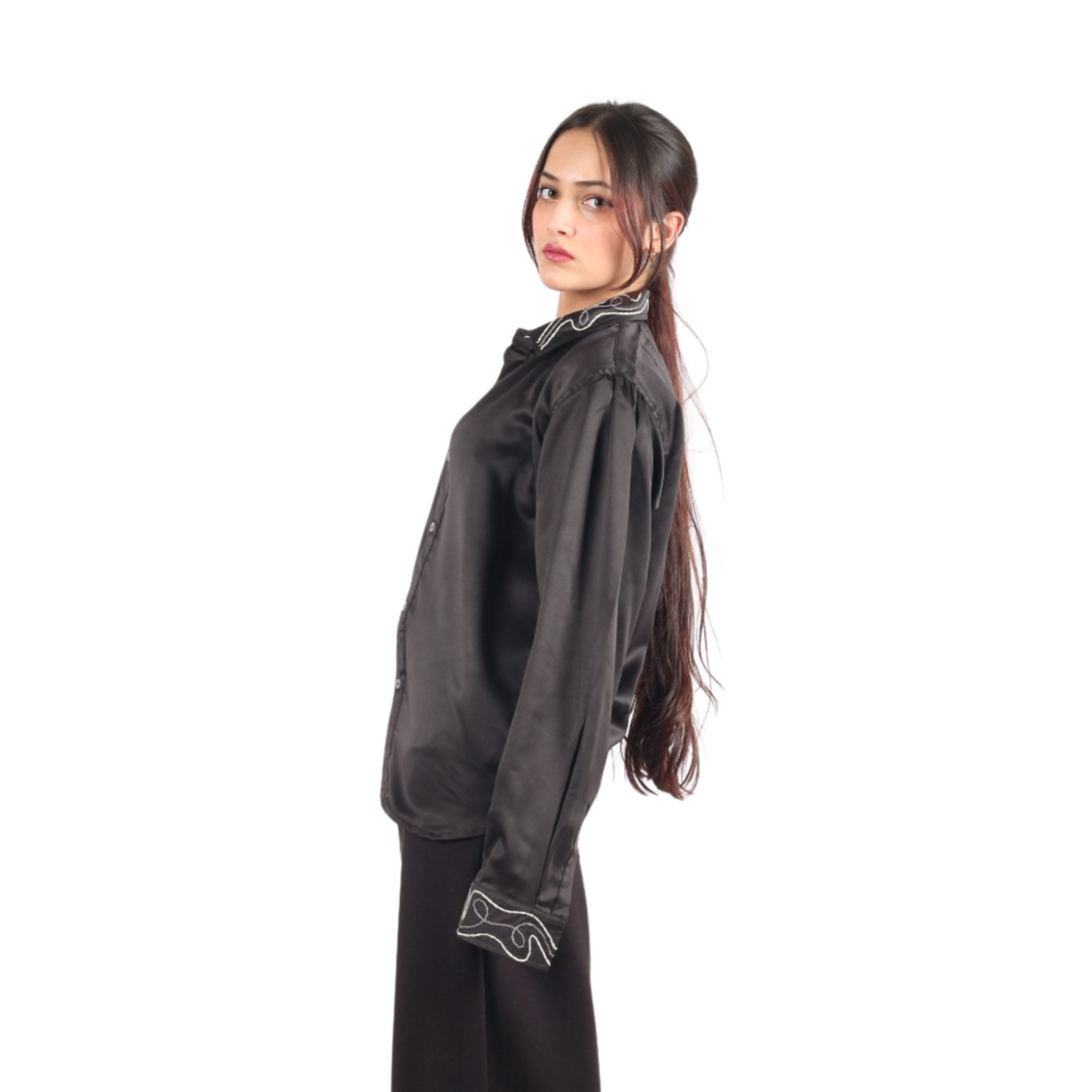 Midnight Elegance Embroidered Black Women's Shirt