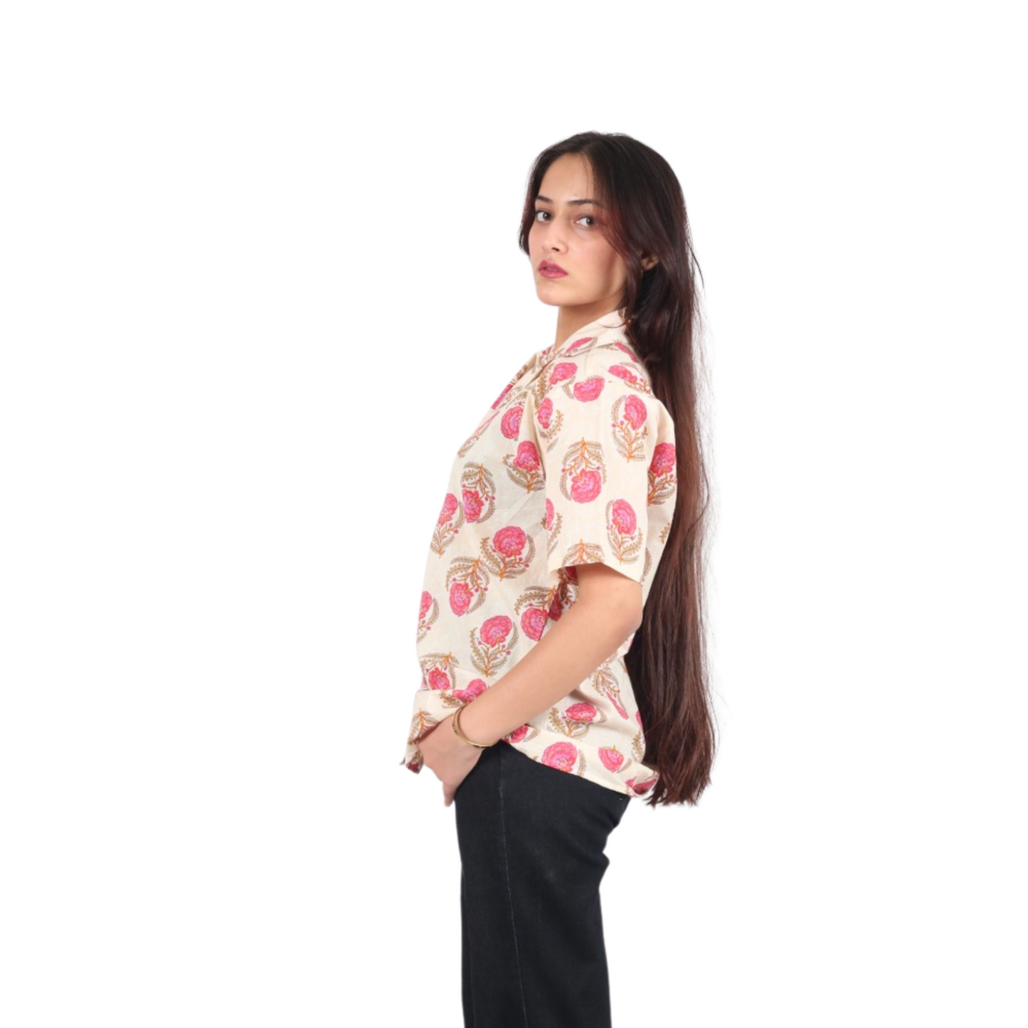 Cream & Pink Floral Print Shirt