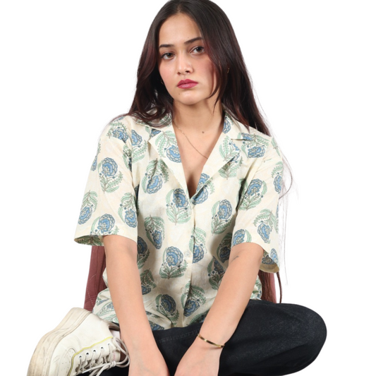 Cream & Blue Floral Print Shirt