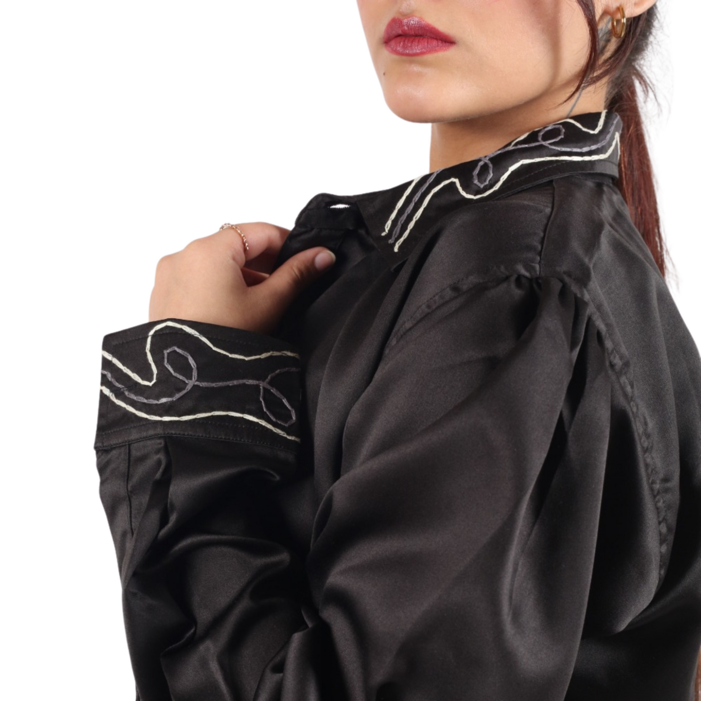Midnight Elegance Embroidered Black Women's Shirt