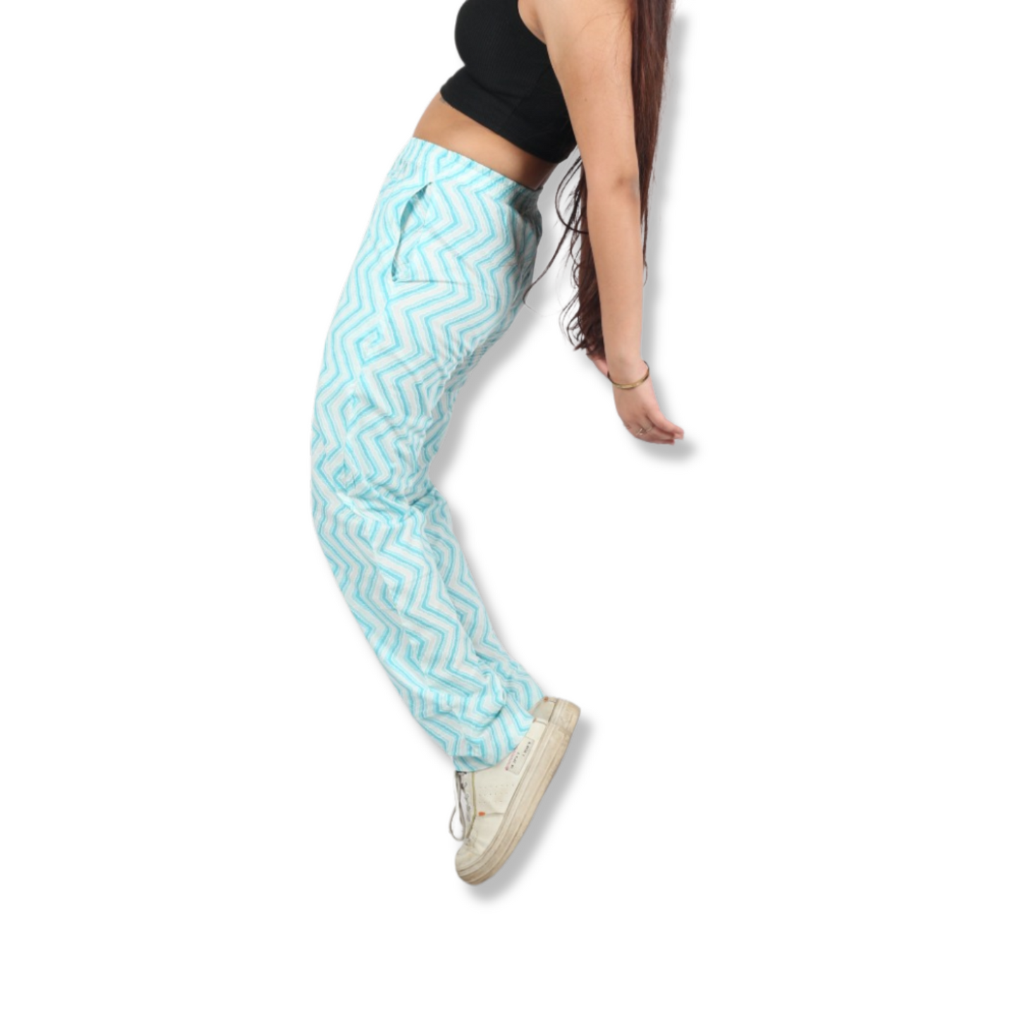 Blue & White Zig-Zag Print Pants