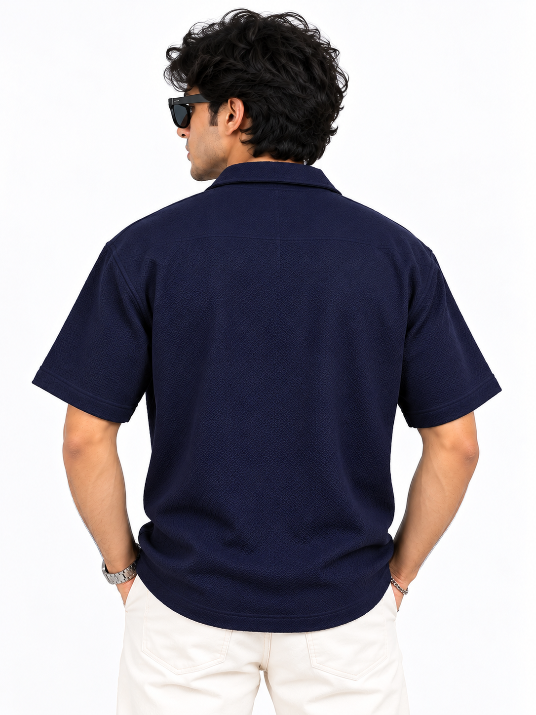 Midnight Weave Navy Blue Textured Men Shirts