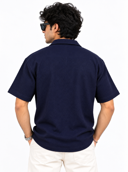 Midnight Weave Navy Blue Textured Men Shirts