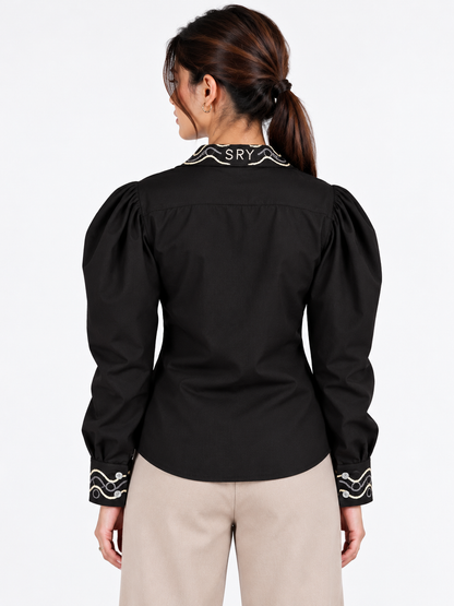 Signature Wave Black Satin Hand Embroidered Puff Sleeve Women's Shirt