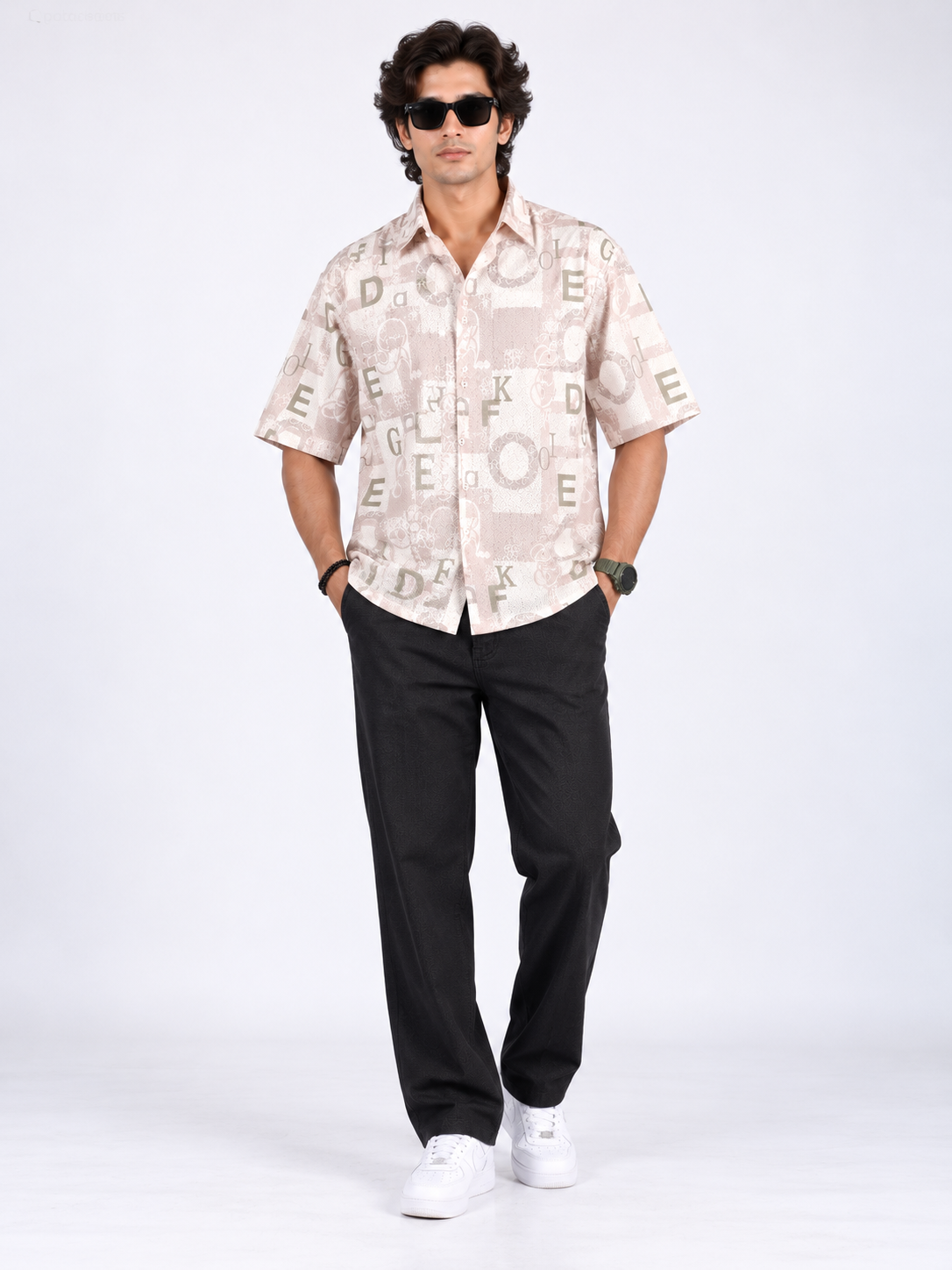 Urban Alphabet Cream Beige Printed Half Sleeve Men's Shirt
