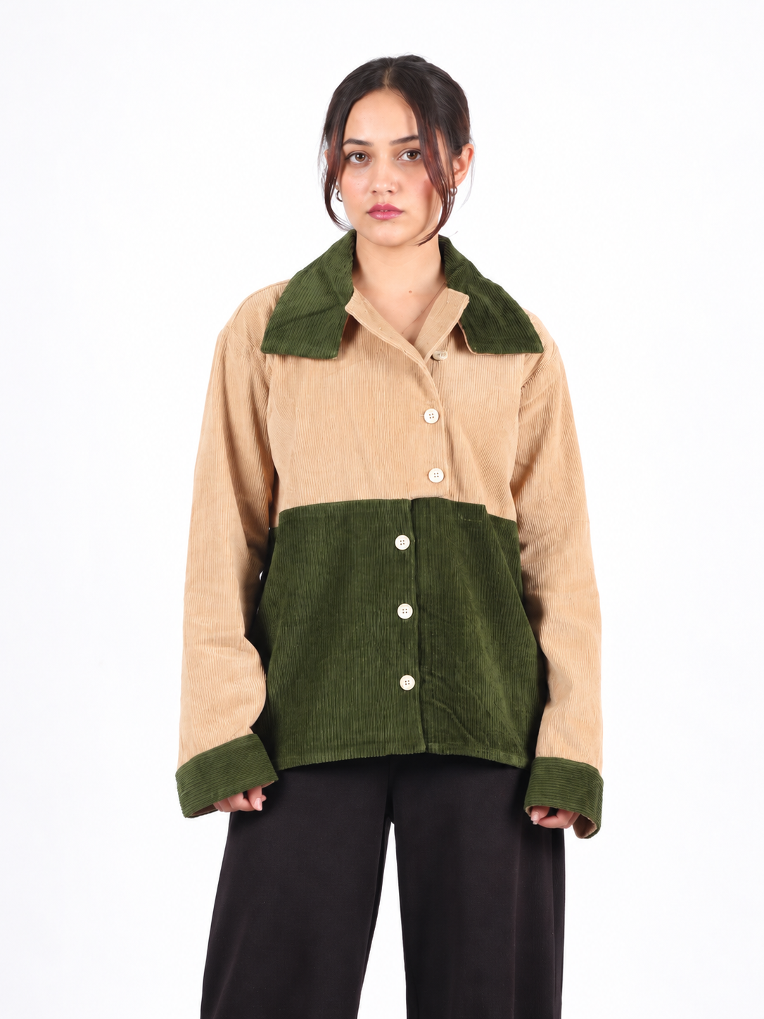 Olive Contrast Beige & Green Corduroy Women's Shirt