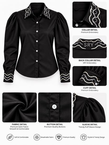 Signature Wave Black Satin Hand Embroidered Puff Sleeve Women's Shirt