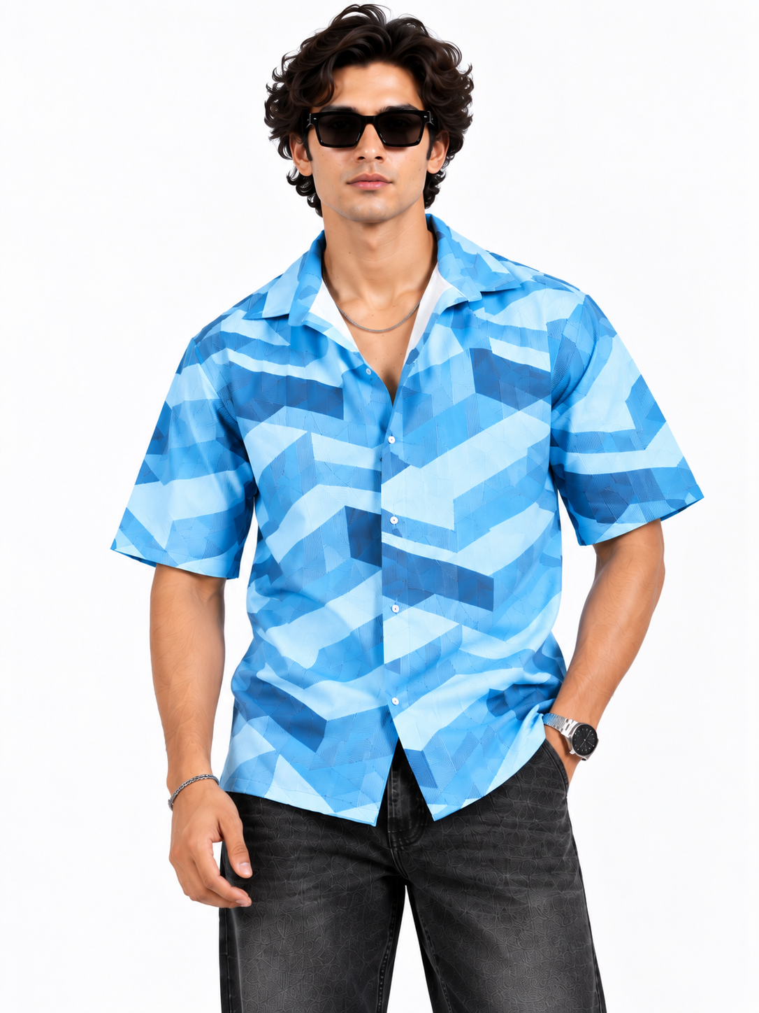 Blue Motion Geometric Printed Half Sleeve Men Shirts