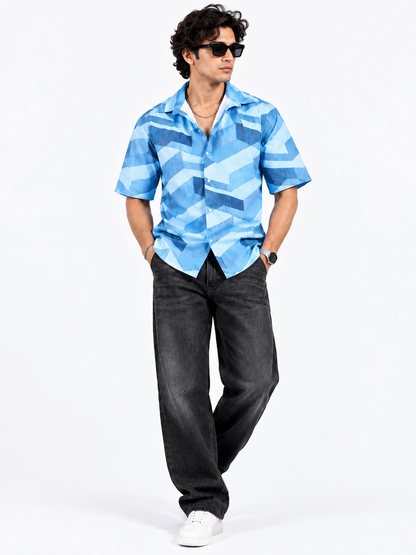 Blue Motion Geometric Printed Half Sleeve Men Shirts