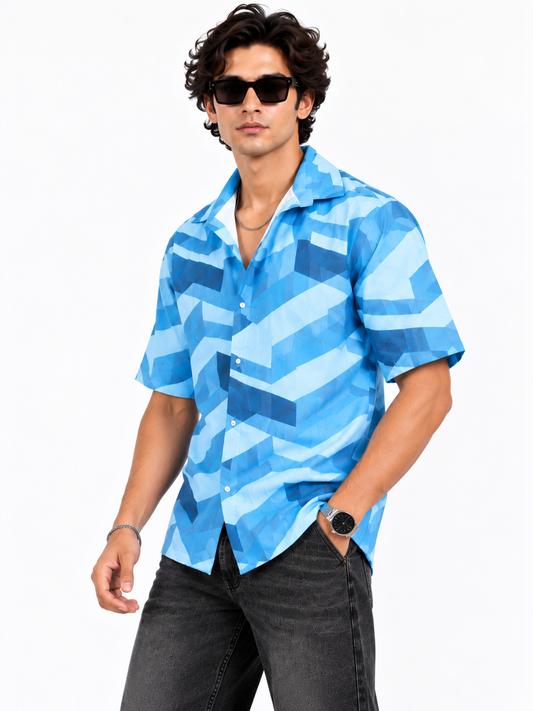 Blue Motion Geometric Printed Half Sleeve Men Shirts