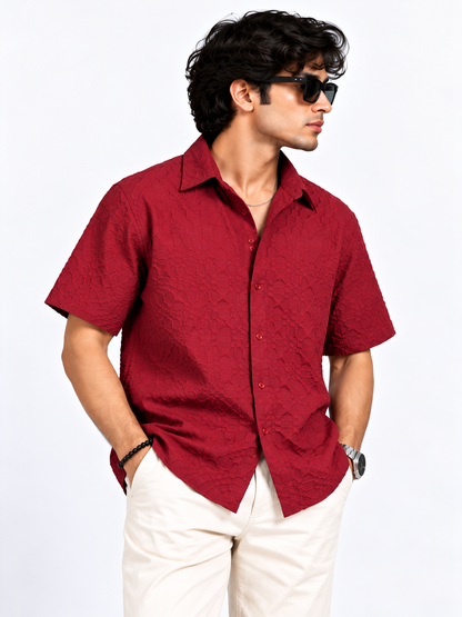 Crimson Edge Deep Red Popcorn Men Shirts