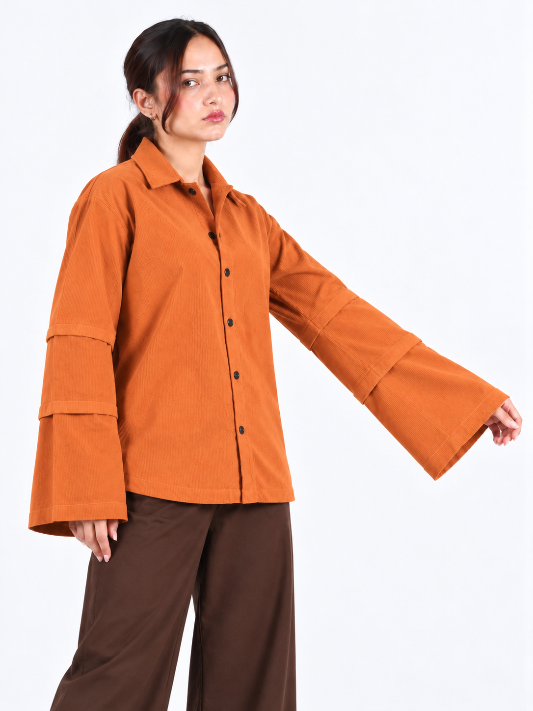 Rust Edge Orange Corduroy Wide Sleeve Women's Shirt