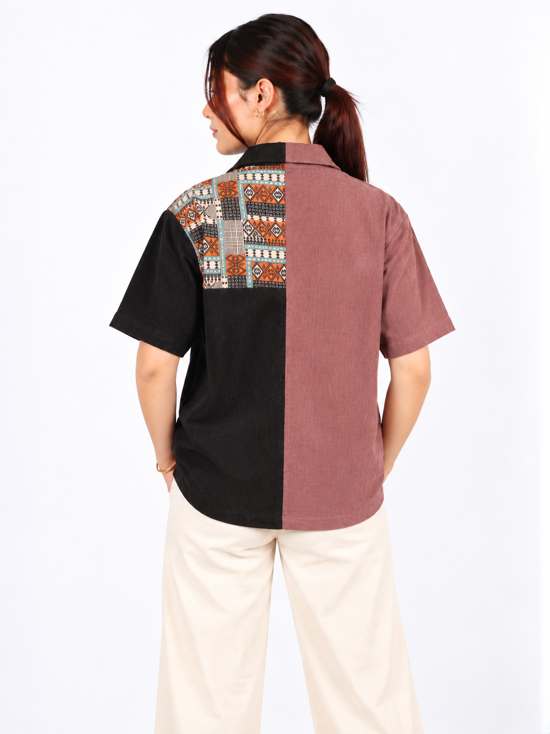 Urban Mosaic Dusty Mauve & Black Patchwork Corduroy Women's Shirt