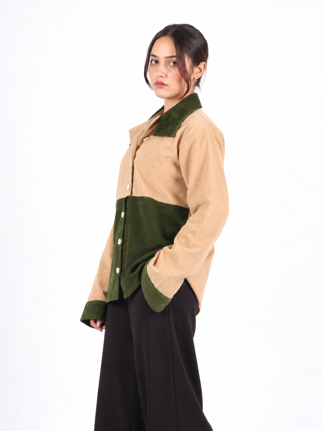 Olive Contrast Beige & Green Corduroy Women's Shirt