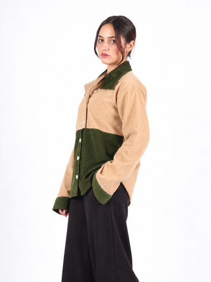 Olive Contrast Beige & Green Corduroy Women's Shirt