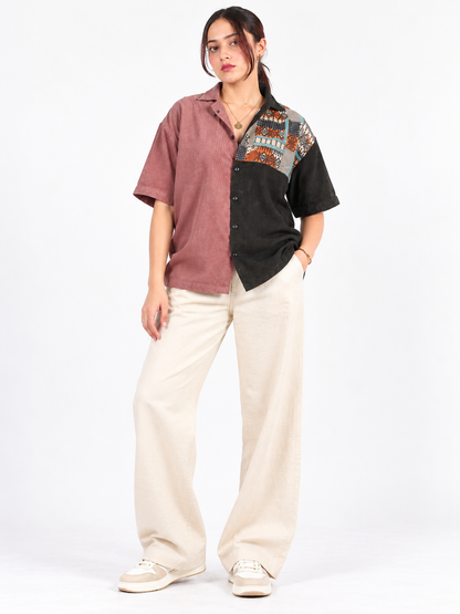 Urban Mosaic Dusty Mauve & Black Patchwork Corduroy Women's Shirt