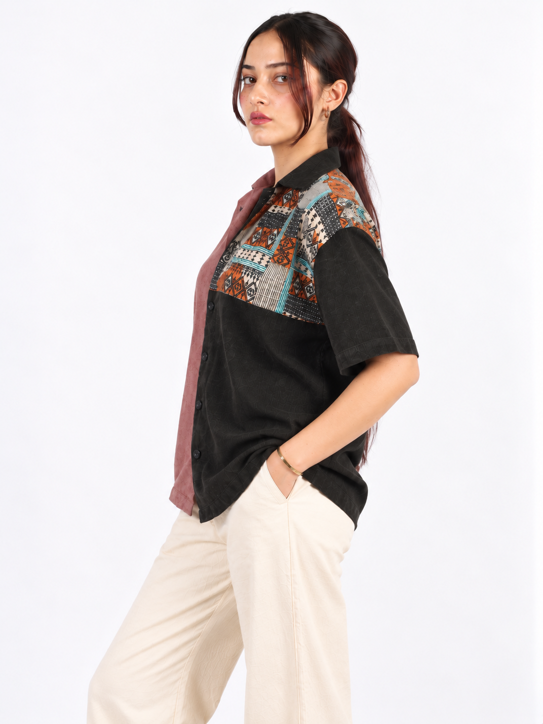 Urban Mosaic Dusty Mauve & Black Patchwork Corduroy Women's Shirt