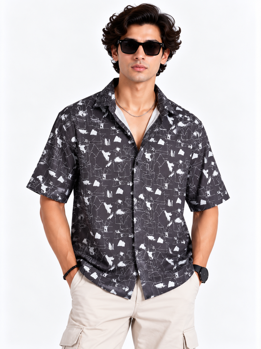 Urban Sketch Charcoal Black Abstract Printed Men's Half Sleeve Shirt**