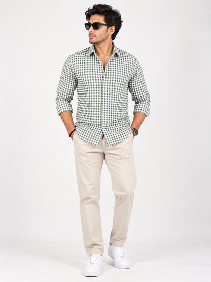 Heritage Grid Olive Green & White Checked Full Sleeve Men Shirts