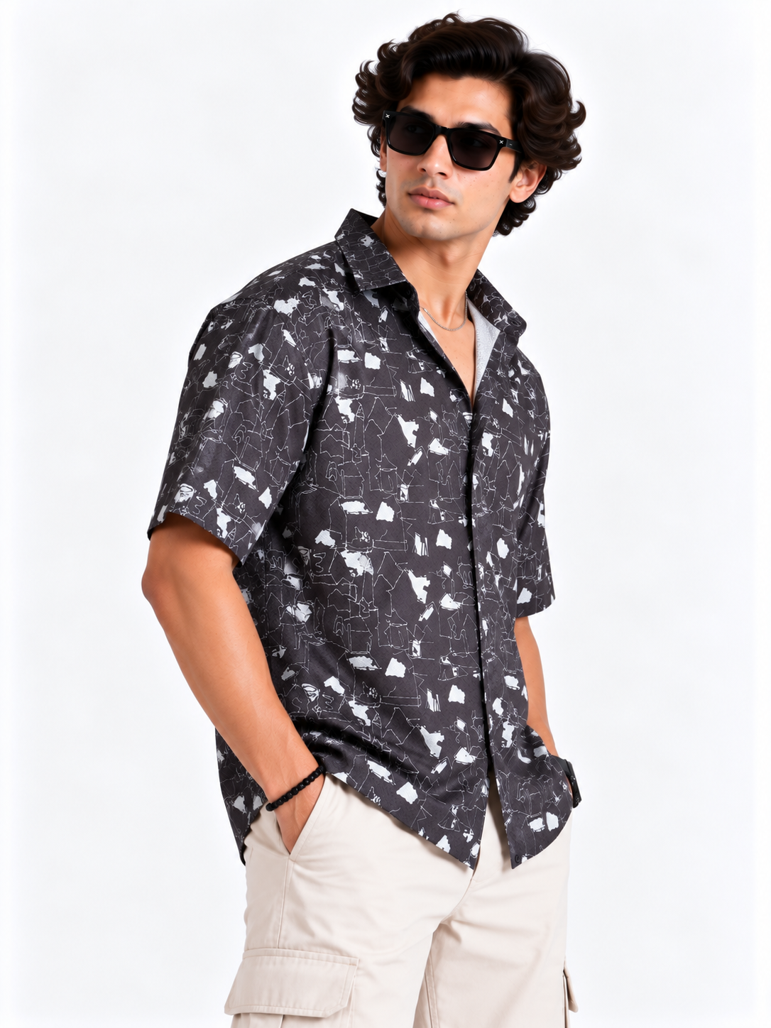 Urban Sketch Charcoal Black Abstract Printed Men's Half Sleeve Shirt**